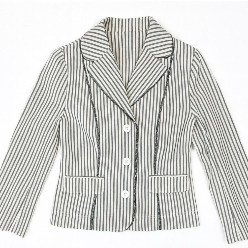 LOFT Blazer Jacket Cream Black Stripe Raw Hem 3 Button Front Women's Size 4